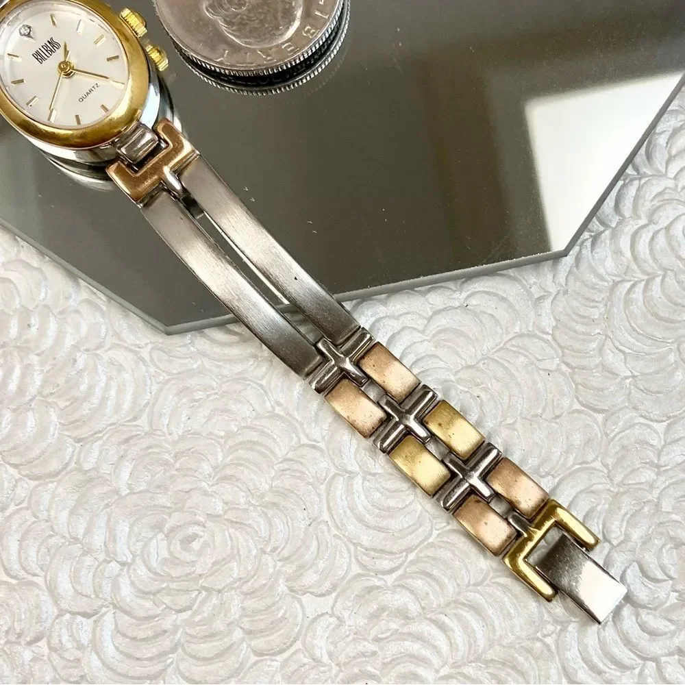 Vintage Bill Blass Diamond Accented Oval Dial Tri-Color Bracelet Watch